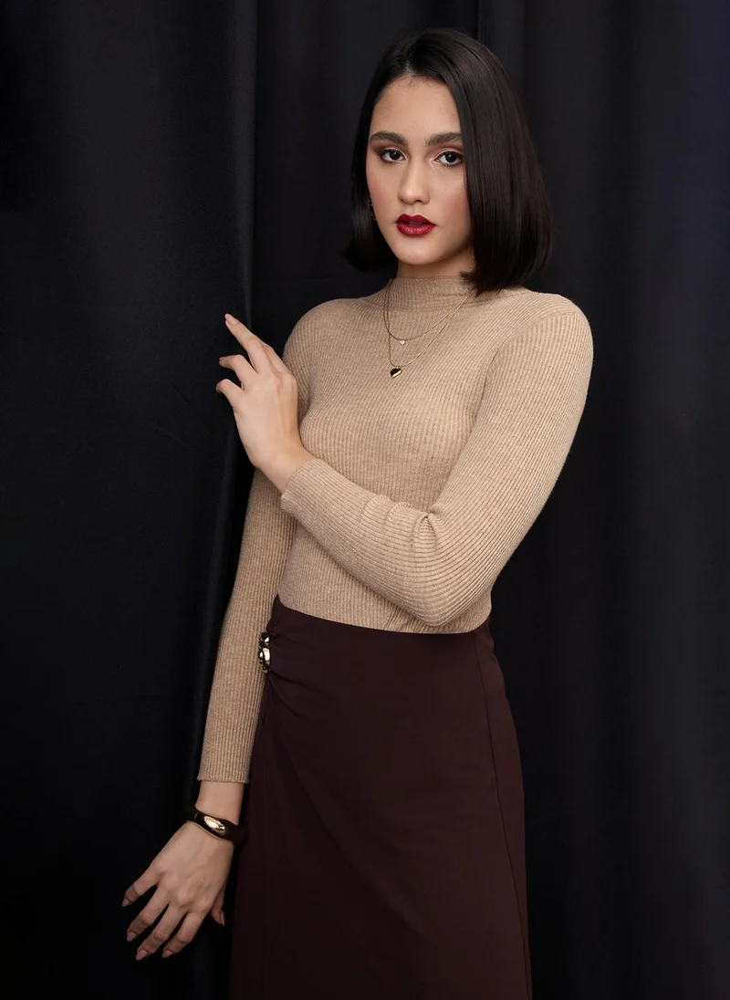 globus Globus Women Beige High Neck Long Sleeves Flat Knit Ribbed Winter Wear Pullover Sweater